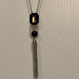 Beautiful & Fun Long Silver Tone Necklace with Black Stone, Bead & Fringe